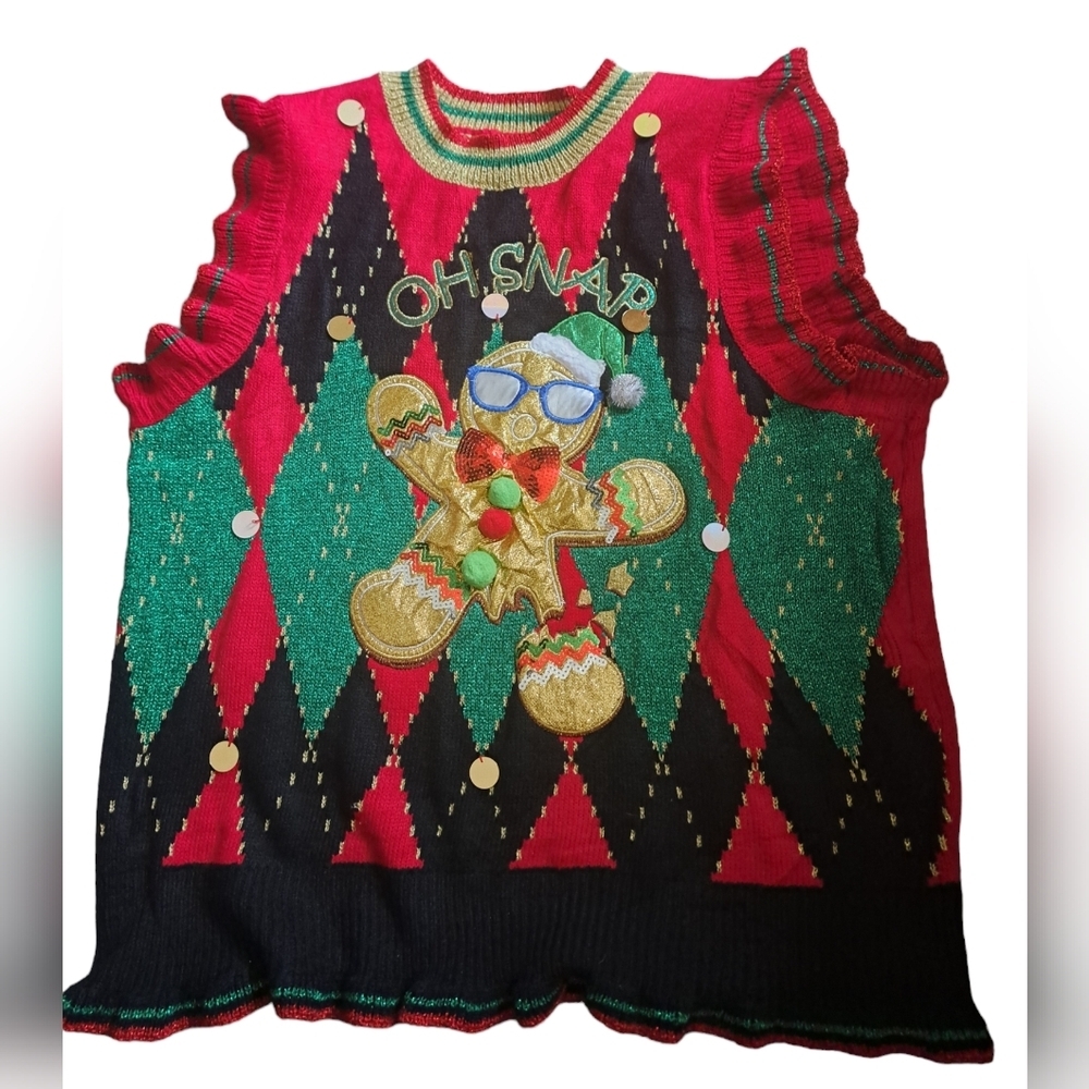 BLIZZARD BAY OH Snap UGLY Christmas sweater argyle Vest ruffled metallic  XL